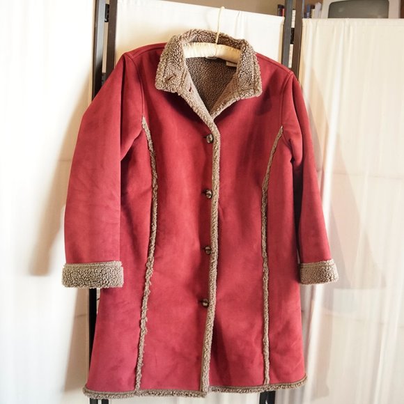 L.L. BEAN Raspberry Coat Microsuede Shearling Hip - Picture 1 of 8